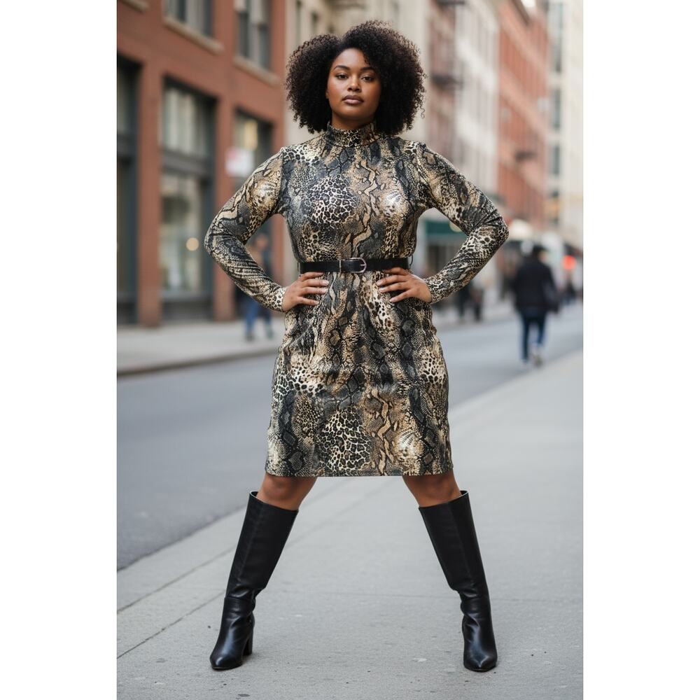 Fashion Nova Bodycon Dress 1X Multi Chic Snakeskin Print Mock Neck Party Outfit